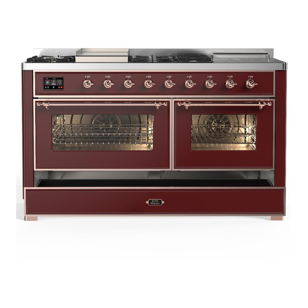 ILVE UM60FSNR3BUP Majestic III 60 inch Dual Fuel Range with 7 Burners, Griddle and French Top, Dual Function Burner with up to 25,000 BTU (Natural Gas, Triple Glass Door, Burgundy, Copper)