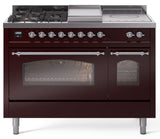 Nostalgie II 48 Inch Dual Fuel Natural Gas Freestanding Range in Burgundy with Chrome Trim