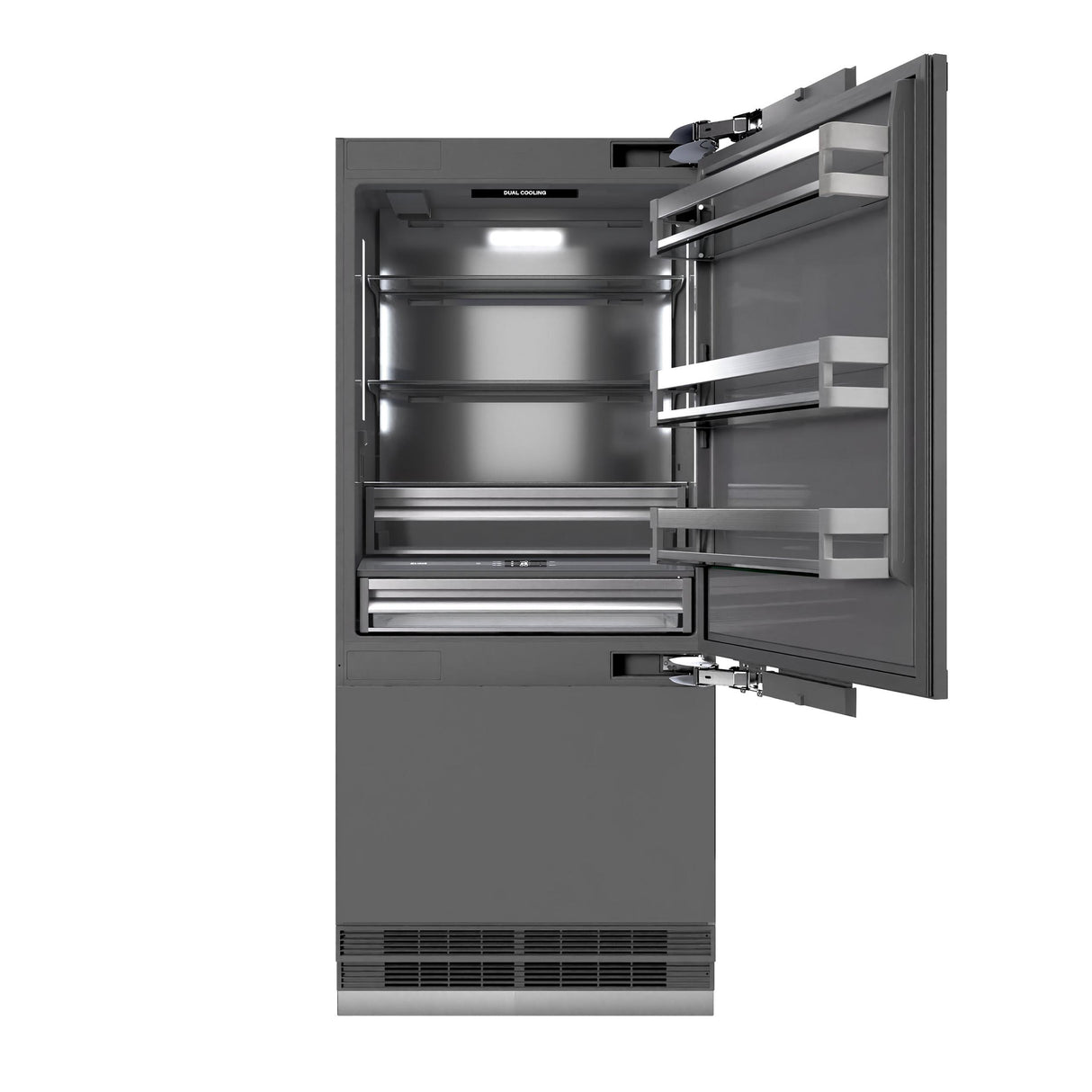 ZLINE Autograph Edition 36 in. 19.8 cu. ft. Panel Ready Built-In Bottom Freezer Refrigerator with Water Dispenser and Ice Maker with Graphite Gray Interior and Champagne Bronze Accents (GRBITZ-36-CB)