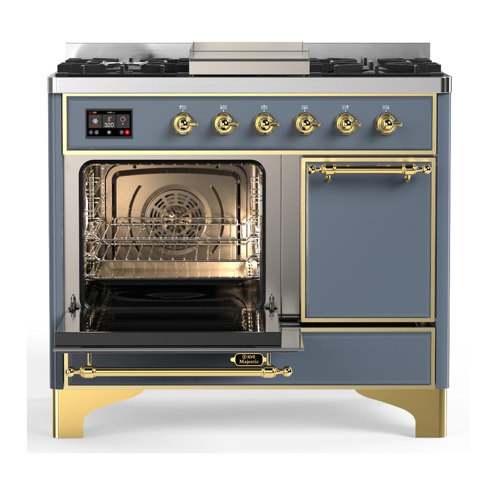 ILVE UMD40FQNR3BGGLP Majestic III 40 inch Dual Fuel Range with 6 Burners and Griddle, Dual Function Burner up to 25,000 BTU (Liquid Propane, Solid Door, Blue Grey, Brass)