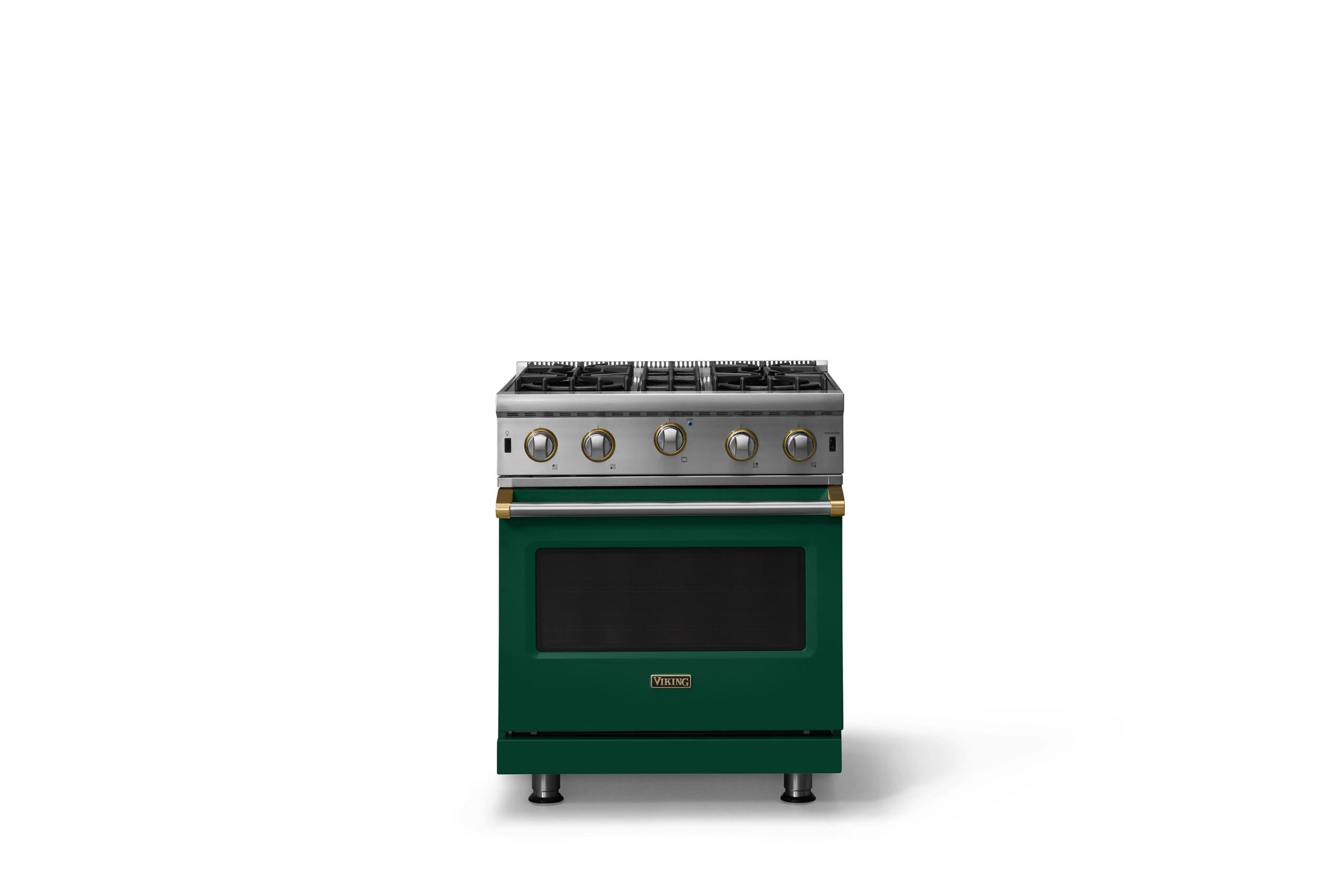 30"W. Open Burner Gas Range (Finish: Ivy, Trim: Brushed Brass, Fuel: Propane)