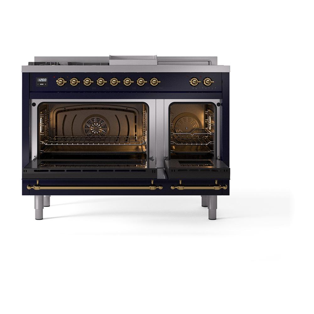 ILVE UN48FSNMPMBG Nostalgie II Noblesse 48 inch Dual Fuel Range (5 Sealed Burners + Griddle + French Top, Natural Gas, Triple Glass Door, Midnight Blue, Brass)