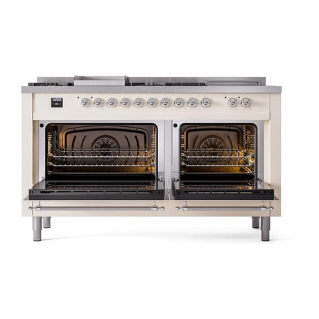 ILVE UN60FSQNMPAWC Nostalgie II Noblesse 60 inch Dual Fuel Range (7 Sealed Burners + Griddle + French Top, Natural Gas, Solid Door, Antique White, Chrome)