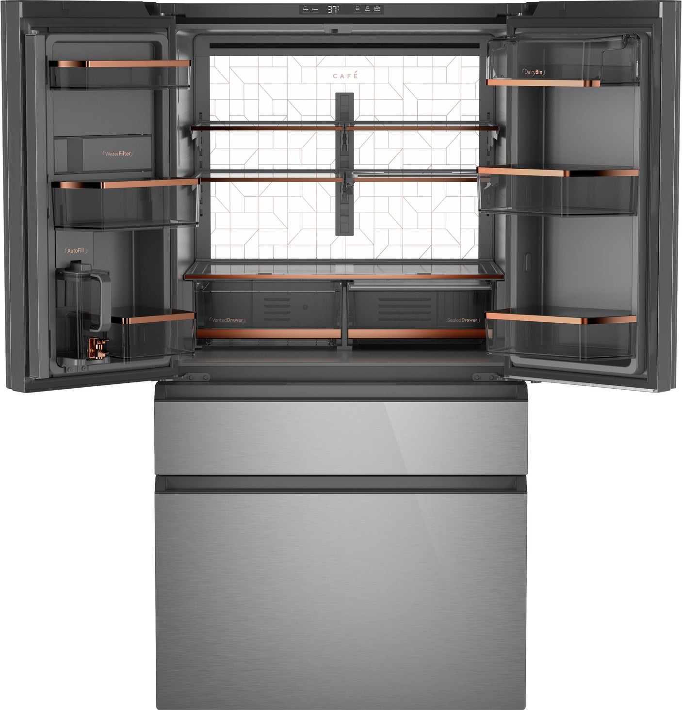 Café™ ENERGY STAR® 28.7 Cu. Ft. Smart 4-Door French-Door Refrigerator in Platinum Glass With Dual-Dispense AutoFill Pitcher