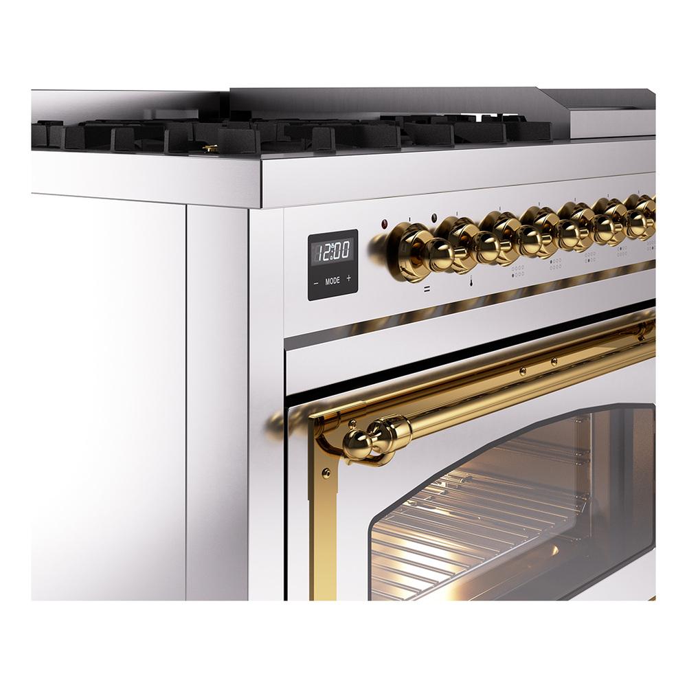ILVE UN48FNMPSSGLP Nostalgie II Noblesse 48 inch Dual Fuel Range (8 Sealed Burners + Griddle, Liquid Propane, Triple Glass Door, Stainless Steel, Brass)