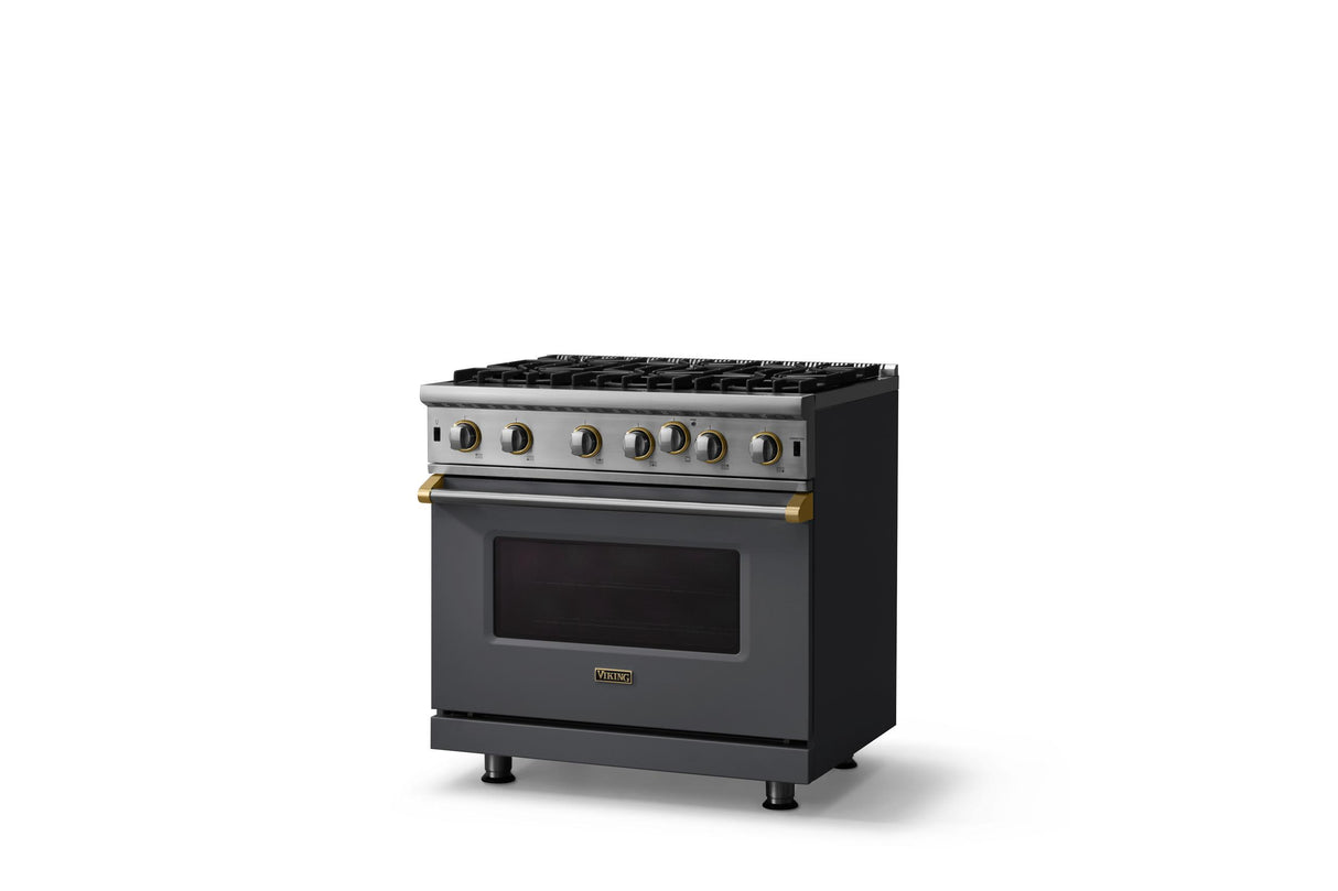 36"W. Open Burner Gas Range (Finish: Cast Black, Trim: Brushed Brass, Fuel: Natural Gas)