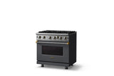 36"W. Open Burner Gas Range (Finish: Cast Black, Trim: Brushed Brass, Fuel: Natural Gas)