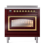 ILVE UNI366NMPBUG Nostalgie II Noblesse 36 inch Induction Range (Triple Glass Door, Burgundy, Brass)