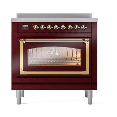 ILVE UNI366NMPBUG Nostalgie II Noblesse 36 inch Induction Range (Triple Glass Door, Burgundy, Brass)
