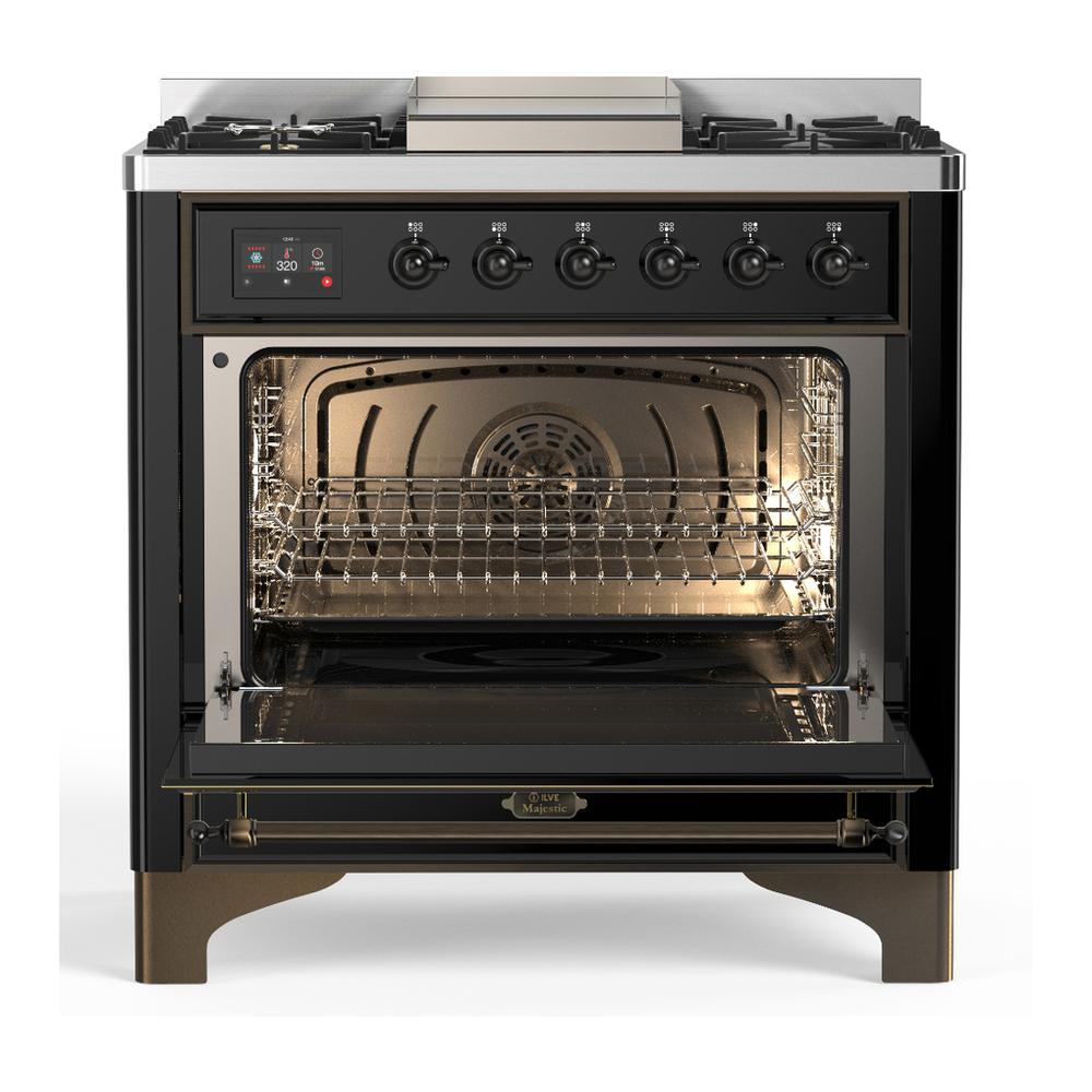 ILVE UM36FNR3BKB Majestic III 36 inch Dual Fuel Range with 6 Black Brass Burners and Griddle, Dual Function Burner up to 25,000 BTU (Triple Glass Door, Glossy Black, Burnished, Natural Gas)
