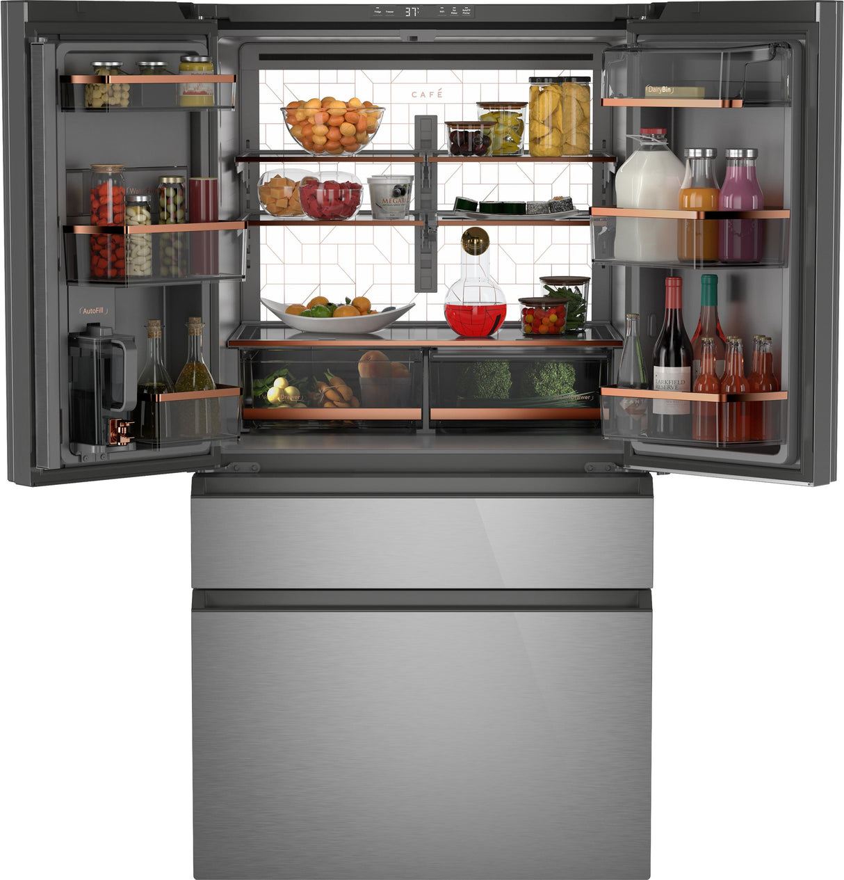 Café™ ENERGY STAR® 28.7 Cu. Ft. Smart 4-Door French-Door Refrigerator in Platinum Glass With Dual-Dispense AutoFill Pitcher