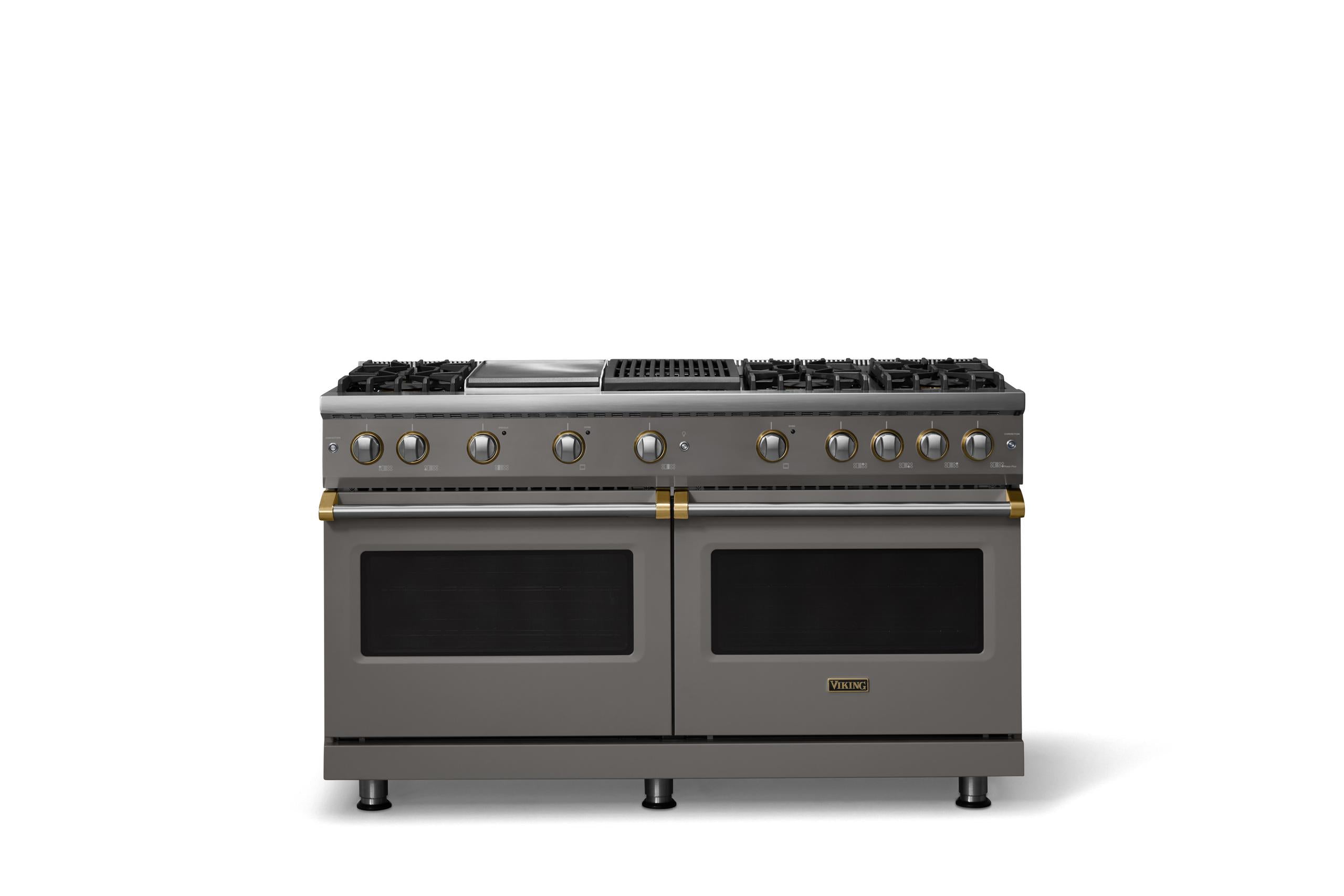 60"W. Sealed Burner Gas Range (Finish: Damascus Gray, Trim: Brushed Brass, Fuel: Natural Gas)