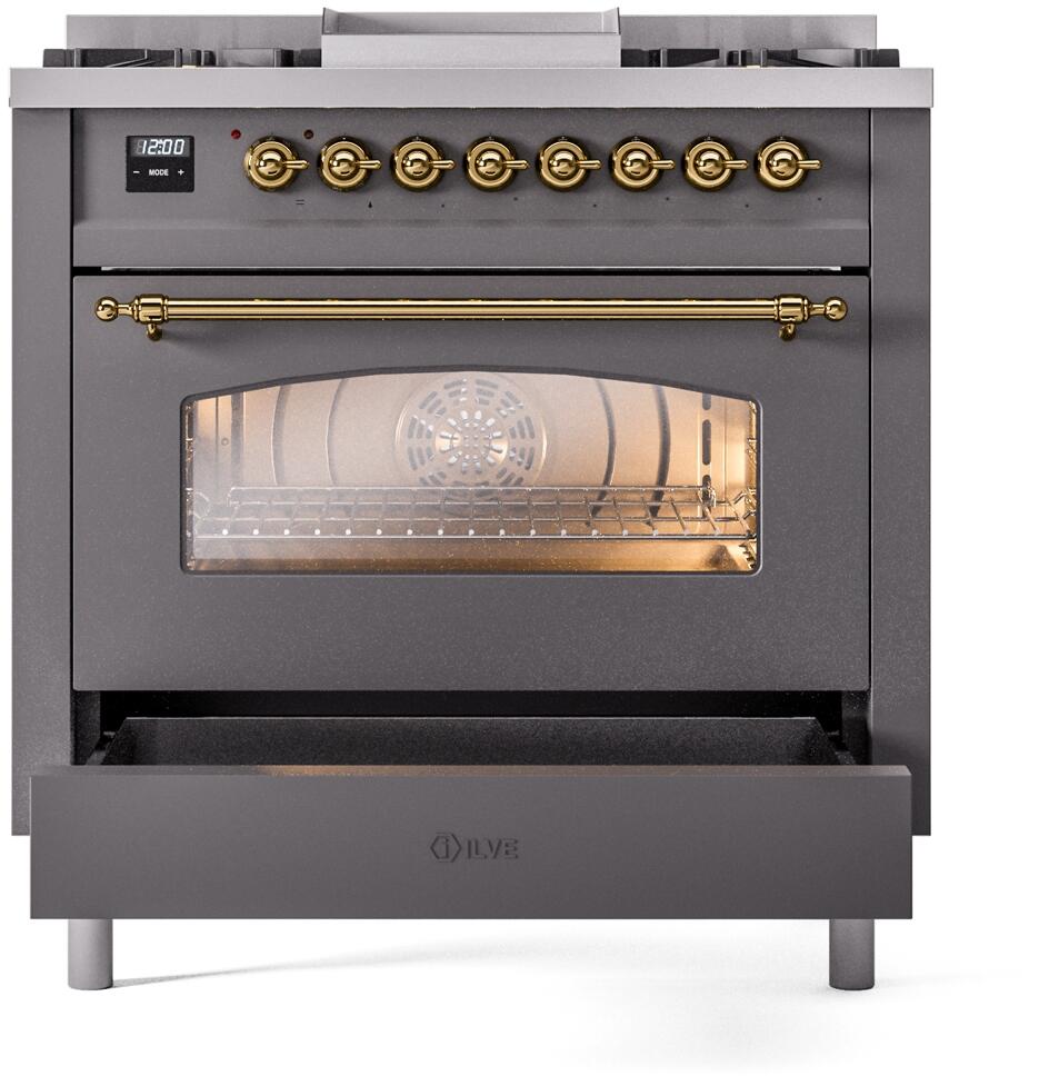 Nostalgie II 36 Inch Dual Fuel Natural Gas Freestanding Range in Matte Graphite with Brass Trim