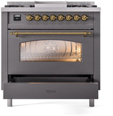 Nostalgie II 36 Inch Dual Fuel Natural Gas Freestanding Range in Matte Graphite with Brass Trim