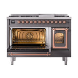 ILVE UN48FNMPMGP Nostalgie II Noblesse 48 inch Dual Fuel Range (8 Sealed Burners + Griddle, Natural Gas, Triple Glass Door, Graphite Matte, Copper)