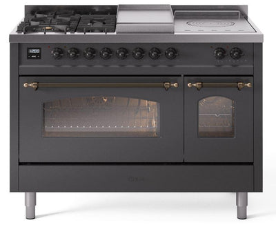 Nostalgie II 48 Inch Dual Fuel Natural Gas Freestanding Range in Matte Graphite with Bronze Trim