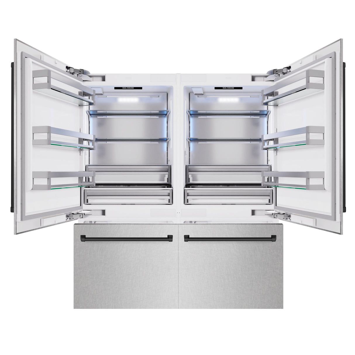 ZLINE Autograph Edition 72 in. 39.6 cu. ft. French Door Built-In Bottom Freezer Refrigerator with Water Dispensers and Ice Makers in DuraSnow' Stainless Steel and Matte Black Accents (RBITZ-SN-72-MB)
