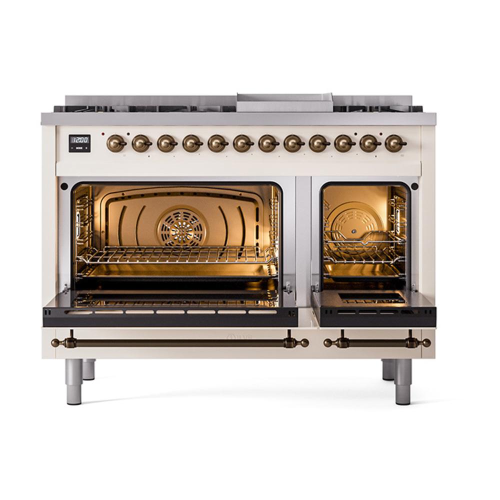 ILVE UN48FQNMPAWB Nostalgie II Noblesse 48 inch Dual Fuel Range (8 Sealed Burners + Griddle, Natural Gas, Solid Door, Antique White, Burnished)
