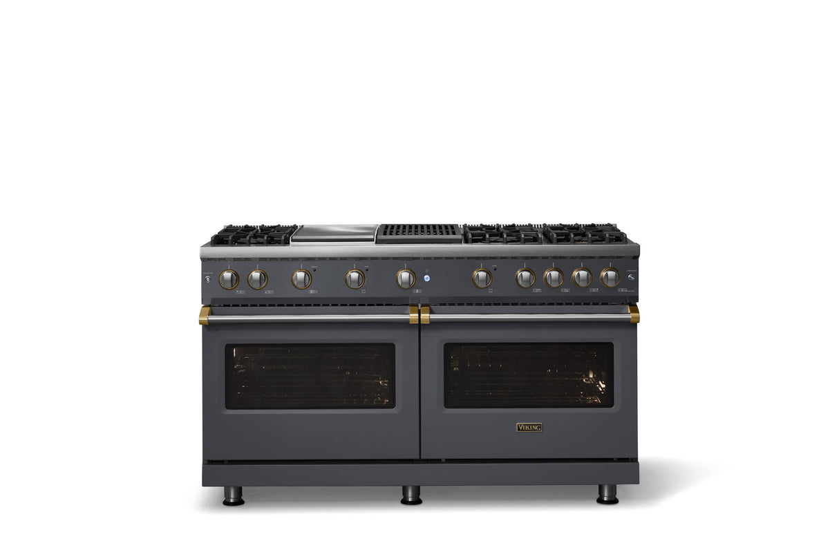 60"W. Sealed Burner Gas Range (Finish: Cast Black, Trim: Brushed Brass, Fuel: Propane)