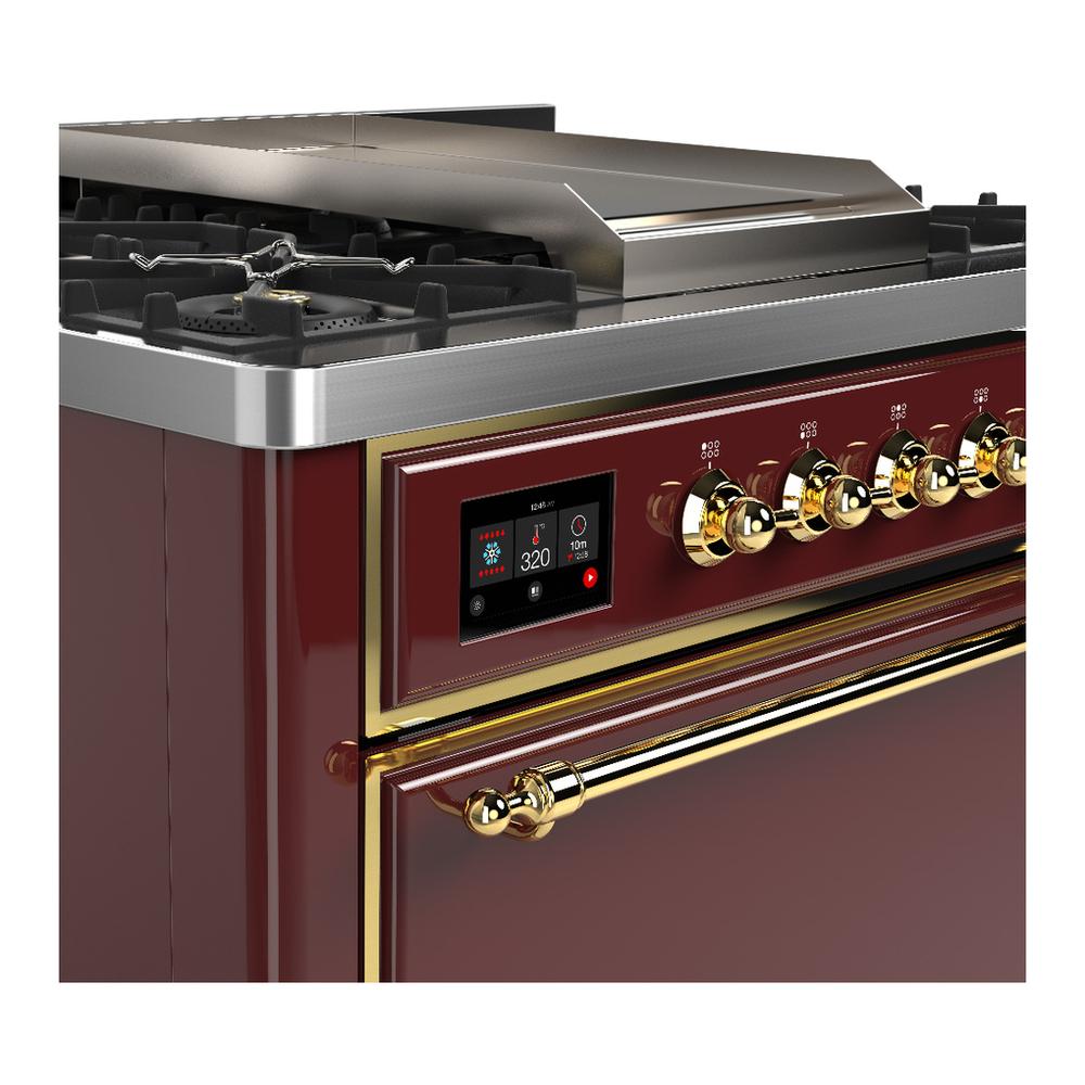 ILVE UM36FQNR3BUG Majestic III 36 inch Dual Fuel Range with 6 Black Brass Burners and Griddle, Dual Function Burner up to 25,000 BTU (Solid Door, Burgundy, Brass, Natural Gas)