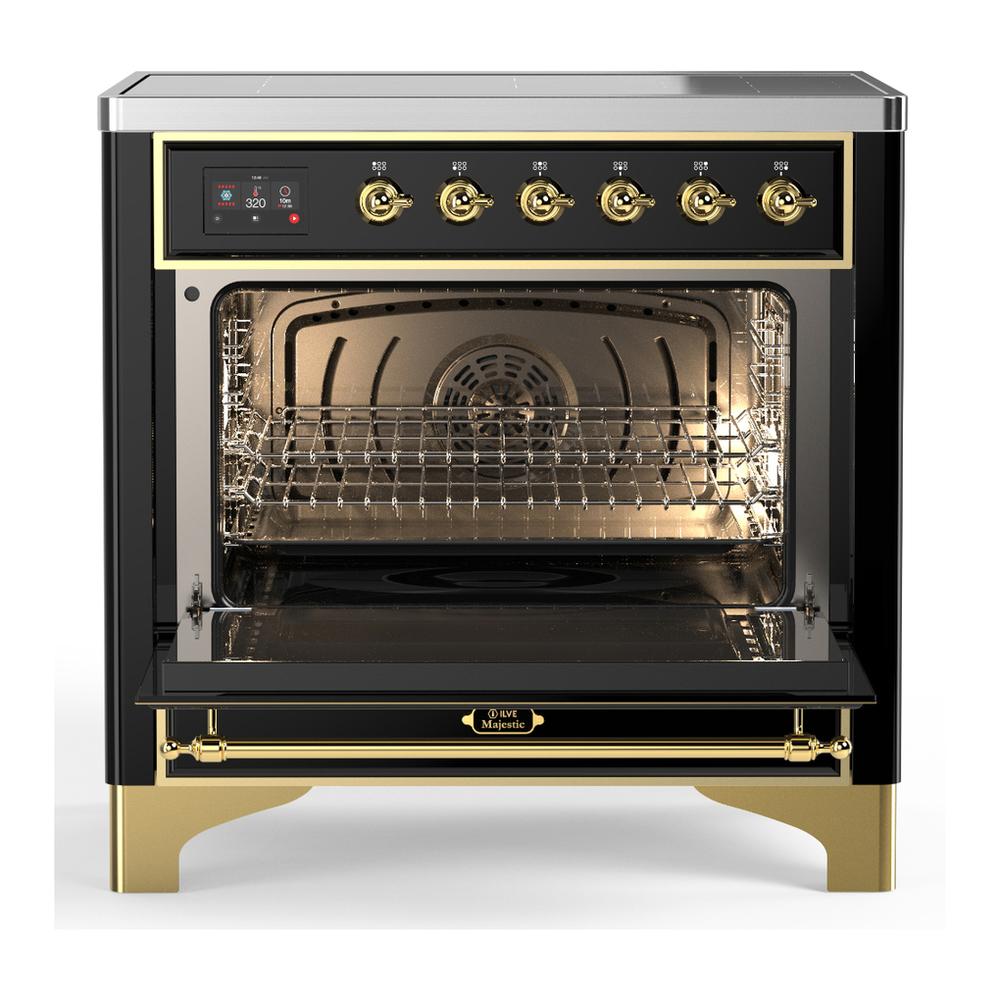 ILVE UMIB36QNR3BKG Majestic III 36 inch Induction Range with 6 Elements, 3.5 cu. ft. Total Oven Capacity (Solid Door, Glossy Black, Brass)