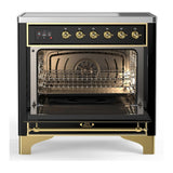 ILVE UMIB36QNR3BKG Majestic III 36 inch Induction Range with 6 Elements, 3.5 cu. ft. Total Oven Capacity (Solid Door, Glossy Black, Brass)