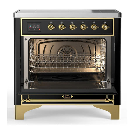 ILVE UMIB36QNR3BKG Majestic III 36 inch Induction Range with 6 Elements, 3.5 cu. ft. Total Oven Capacity (Solid Door, Glossy Black, Brass)