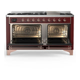 ILVE UM60FNR3BUPLP Majestic III 60 inch Dual Fuel Range with 9 Burners and Griddle, Dual Function Burner up to 25,000 BTU (Liquid Propane, Triple Glass Door, Burgundy, Copper)