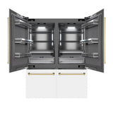 ZLINE Autograph Edition 60 in. 32.2 cu. ft. French Door Built-In Bottom Freezer Refrigerator with Water Dispenser and Ice Maker in White Matte with Graphite Gray Interior and Polished Gold Accents (GRBIVZ-WM-60-G)