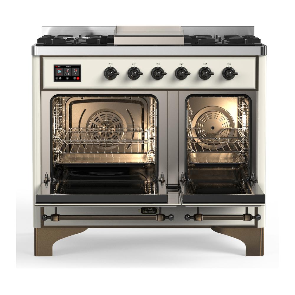 ILVE UMD40FNR3AWBLP Majestic III 40 inch Dual Fuel Range with 6 Burners and Griddle, Dual Function Burner up to 25,000 BTU (Liquid Propane, Triple Glass Door, Antique White, Burnished)