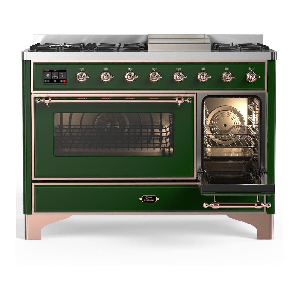 ILVE UM48FNR3EGP Majestic III 48 inch Dual Fuel Range with 8 Burners and Griddle, Dual Function Burner up to 25,000 BTU (Natural Gas, Triple Glass Door, Emerald Green, Copper)