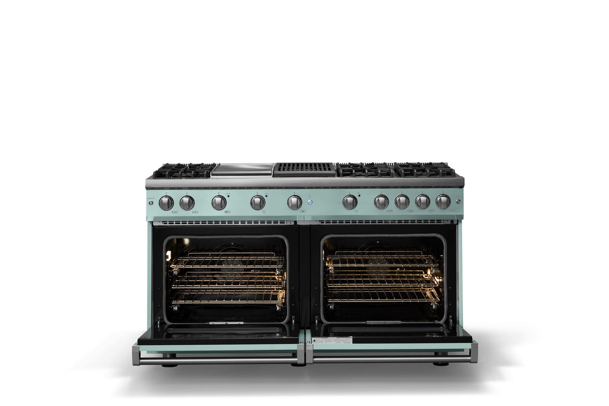 60"W. Sealed Burner Gas Range (Finish: Splash, Trim: Polished Chrome, Fuel: Natural Gas)