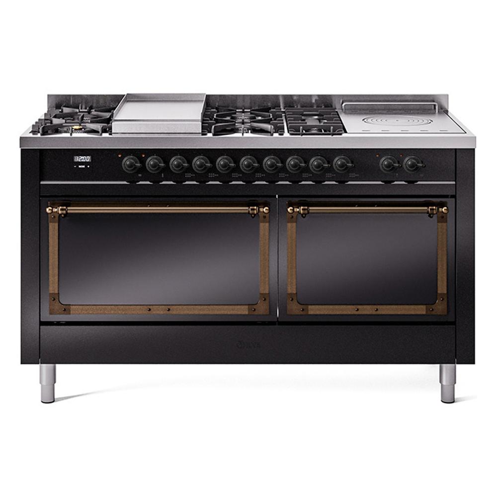 ILVE UN60FSQNMPBKBLP Nostalgie II Noblesse 60 inch Dual Fuel Range (7 Sealed Burners + Griddle + French Top, Liquid Propane, Solid Door, Glossy Black, Burnished)