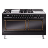 ILVE UN60FSQNMPBKBLP Nostalgie II Noblesse 60 inch Dual Fuel Range (7 Sealed Burners + Griddle + French Top, Liquid Propane, Solid Door, Glossy Black, Burnished)