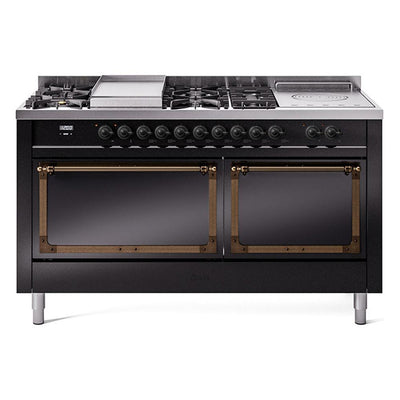 ILVE UN60FSQNMPBKBLP Nostalgie II Noblesse 60 inch Dual Fuel Range (7 Sealed Burners + Griddle + French Top, Liquid Propane, Solid Door, Glossy Black, Burnished)