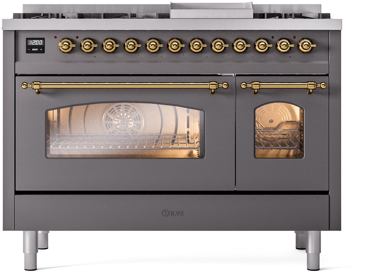 Nostalgie II 48 Inch Dual Fuel Natural Gas Freestanding Range in Matte Graphite with Brass Trim