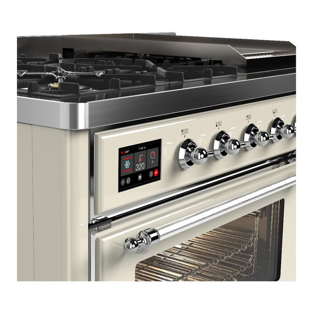 ILVE UM48FNR3AWCLP Majestic III 48 inch Dual Fuel Range with 8 Burners and Griddle, Dual Function Burner up to 25,000 BTU (Liquid Propane, Triple Glass Door, Antique White, Chrome)