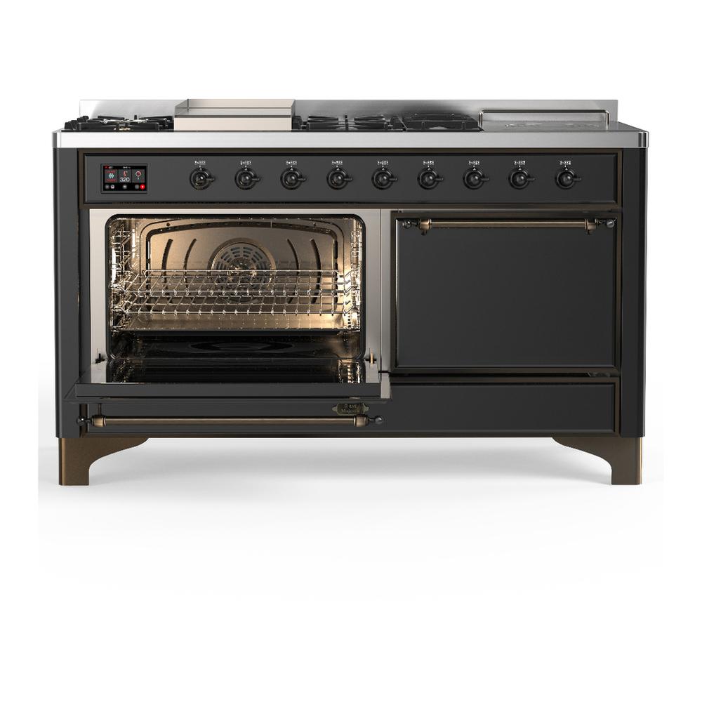 ILVE UM60FSQNR3MGB Majestic III 60 inch Dual Fuel Range with 7 Burners, Griddle and French Top, Dual Function Burner with up to 25,000 BTU (Natural Gas, Solid Door, Graphite Matte, Burnished)