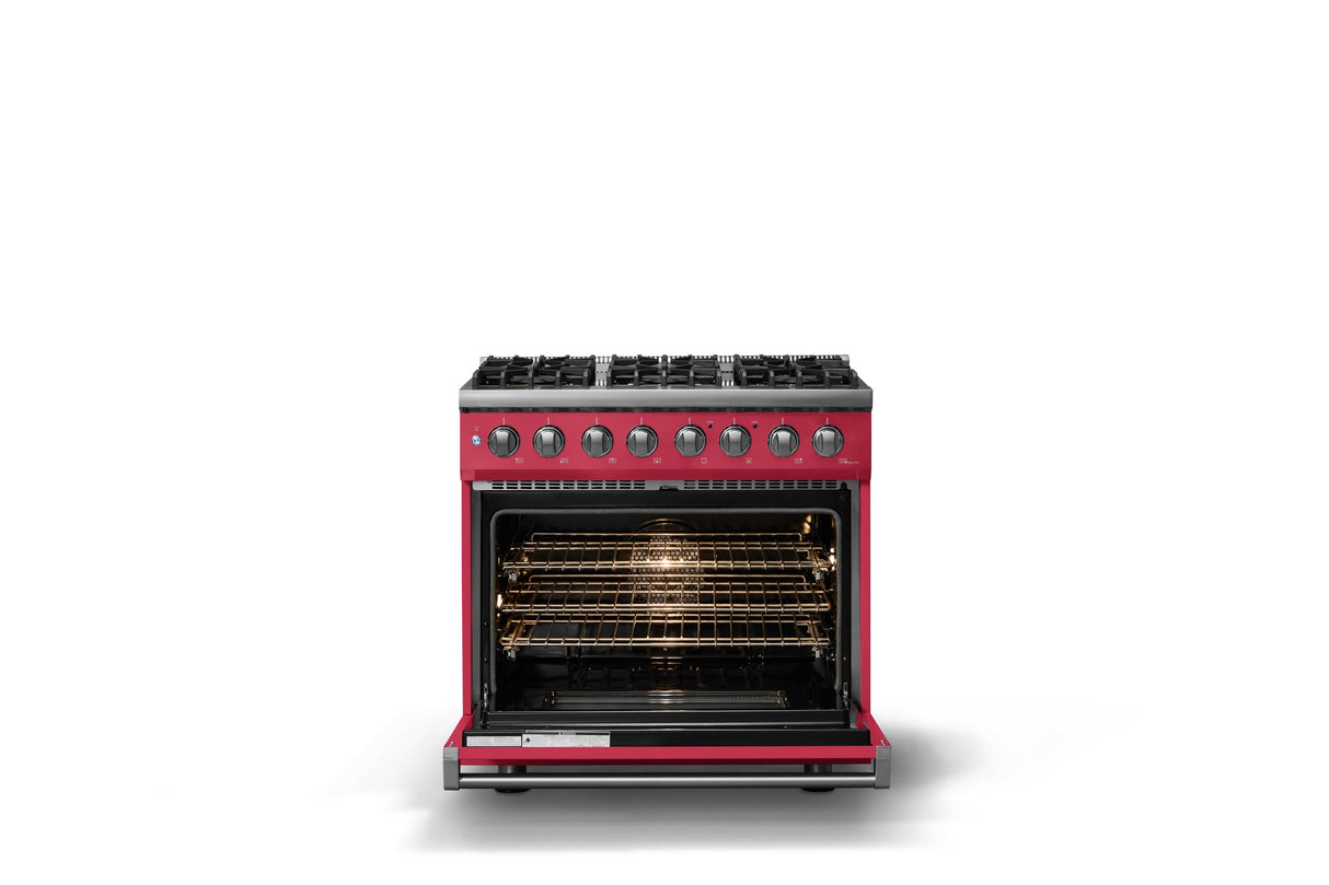 36"W. Dual Fuel Range (Burner: 6b, Finish: Valentine, Trim: Polished Chrome, Fuel: Natural Gas)