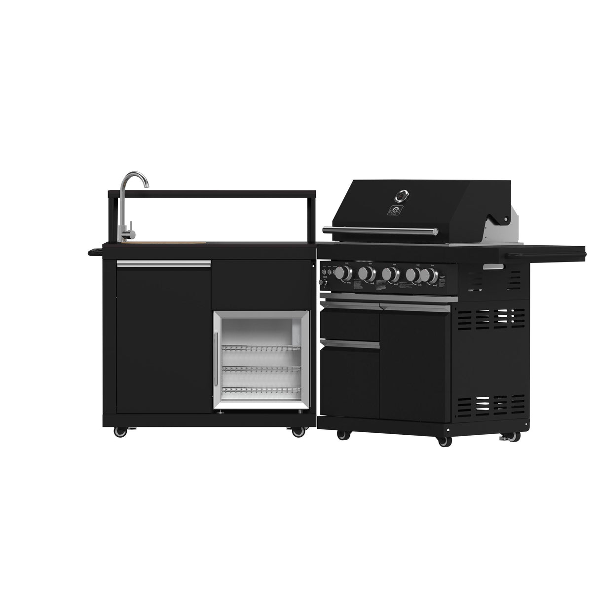 Forno All Aperto 62,600 BTU BBQ, 3 Stainless Steel Burners, Infrared Burners, Sink Module, Black Sintered Stone Countertops, Bar and Beverage Center