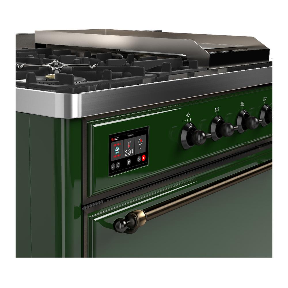 ILVE UM48FSQNR3EGBLP Majestic III 48 inch Dual Fuel Range with 5 Black Brass Burners, Griddle and French Top, Dual Function Burner up to 25,000 BTU (Liquid Propane, Solid Door, Emerald Green, Burnished)