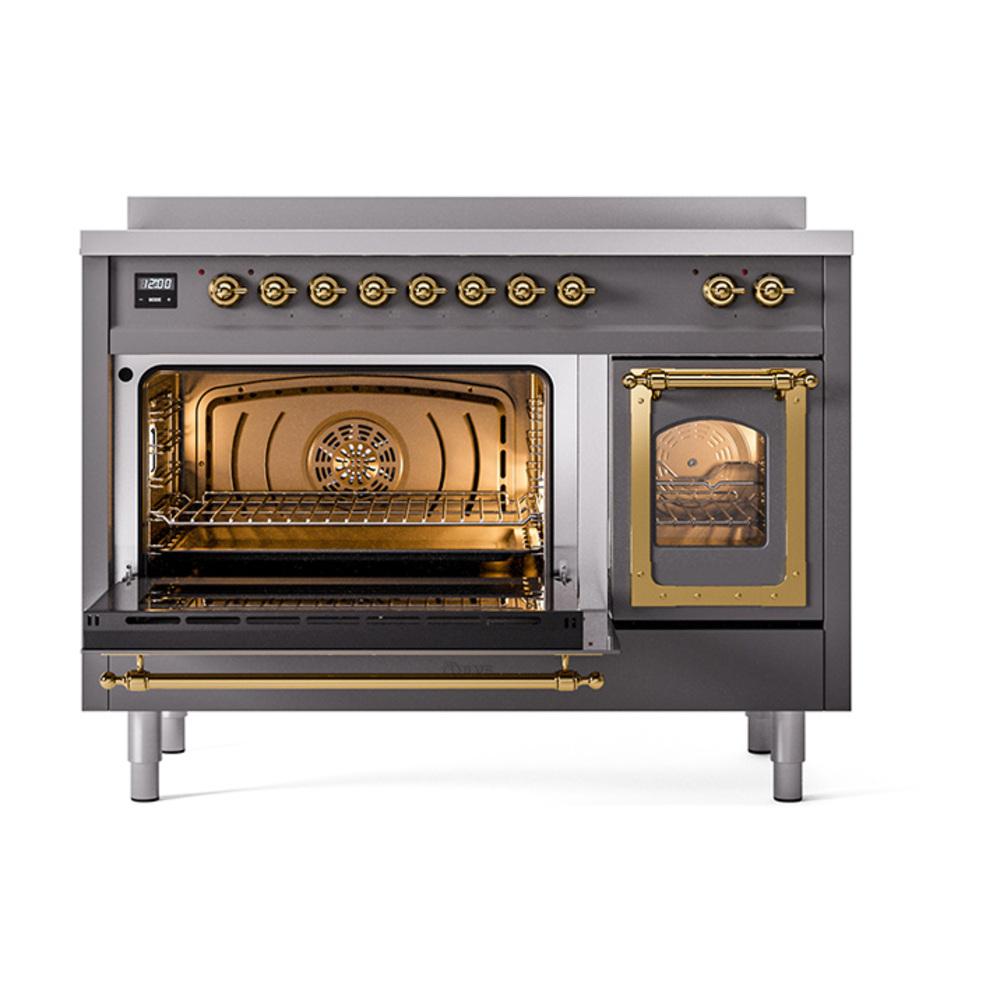 ILVE UNI486NMPMGG Nostalgie II Noblesse 48 inch Induction Range (Triple Glass Door, Graphite Matte, Brass)