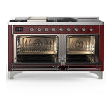 ILVE UM60FSQNR3BUCLP Majestic III 60 inch Dual Fuel Range with 7 Burners, Griddle and French Top, Dual Function Burner with up to 25,000 BTU (Liquid Propane, Solid Door, Burgundy, Chrome)