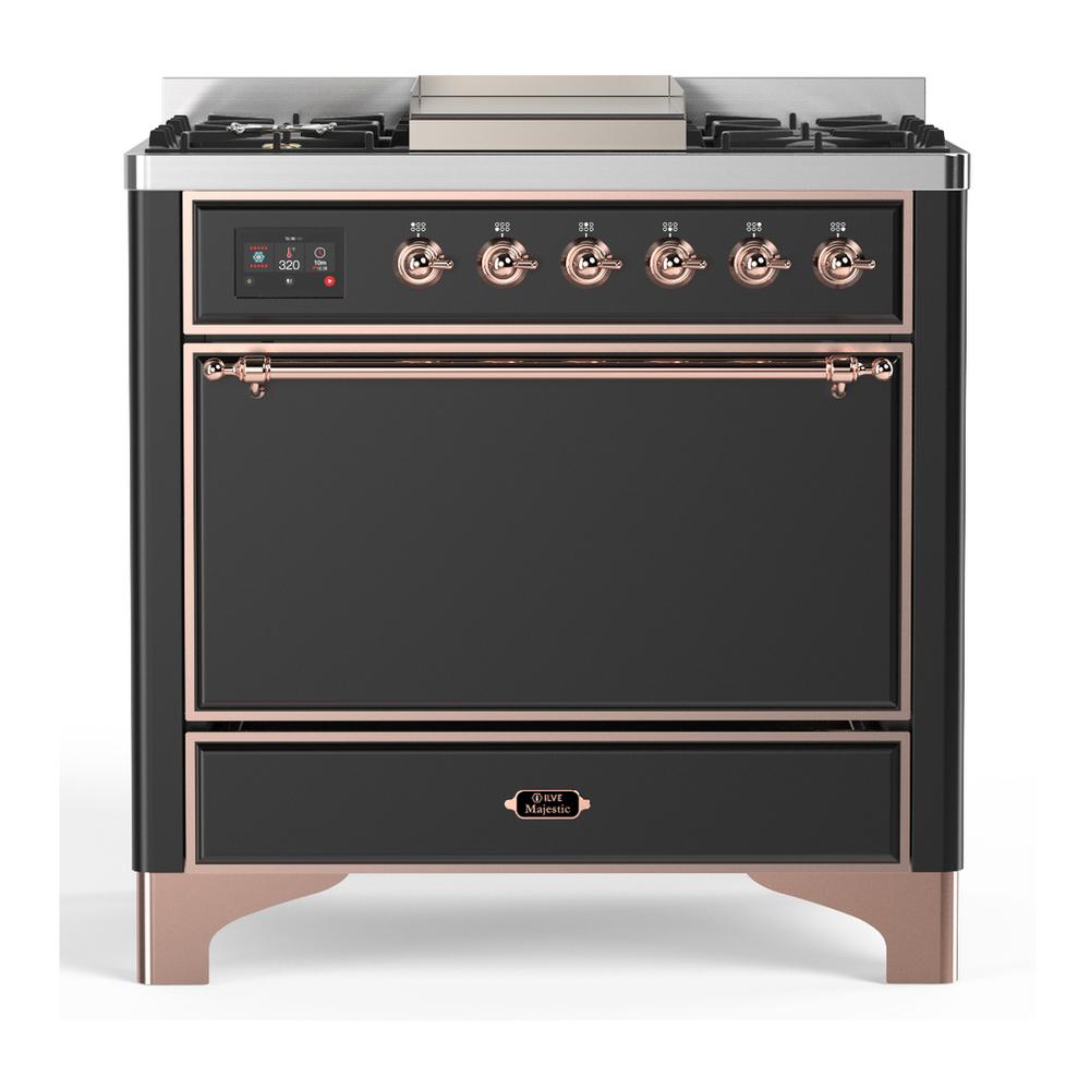 ILVE UM36FQNR3MGP Majestic III 36 inch Dual Fuel Range with 6 Black Brass Burners and Griddle, Dual Function Burner up to 25,000 BTU (Solid Door, Graphite Matte, Copper, Natural Gas)