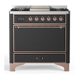 ILVE UM36FQNR3MGP Majestic III 36 inch Dual Fuel Range with 6 Black Brass Burners and Griddle, Dual Function Burner up to 25,000 BTU (Solid Door, Graphite Matte, Copper, Natural Gas)