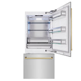 ZLINE Autograph Edition 36 in. 19.8 cu. ft. Built-In Bottom Freezer Refrigerator with Water Dispenser and Ice Maker in Stainless Steel with Polished Gold Accents (RBITZ-304-36G)