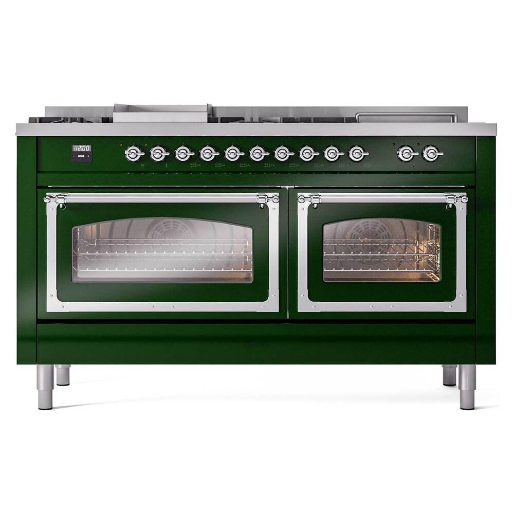 ILVE UN60FSNMPEGC Nostalgie II Noblesse 60 inch Dual Fuel Range (7 Sealed Burners + Griddle + French Top, Natural Gas, Triple Glass Door, Emerald Green, Chrome)