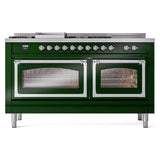 ILVE UN60FSNMPEGC Nostalgie II Noblesse 60 inch Dual Fuel Range (7 Sealed Burners + Griddle + French Top, Natural Gas, Triple Glass Door, Emerald Green, Chrome)