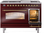 Nostalgie II 48 Inch Dual Fuel Liquid Propane Freestanding Range in Burgundy with Brass Trim