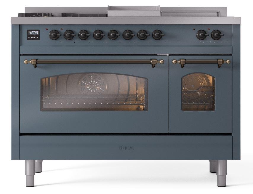 Nostalgie II 48 Inch Dual Fuel Natural Gas Freestanding Range in Blue Grey with Bronze Trim